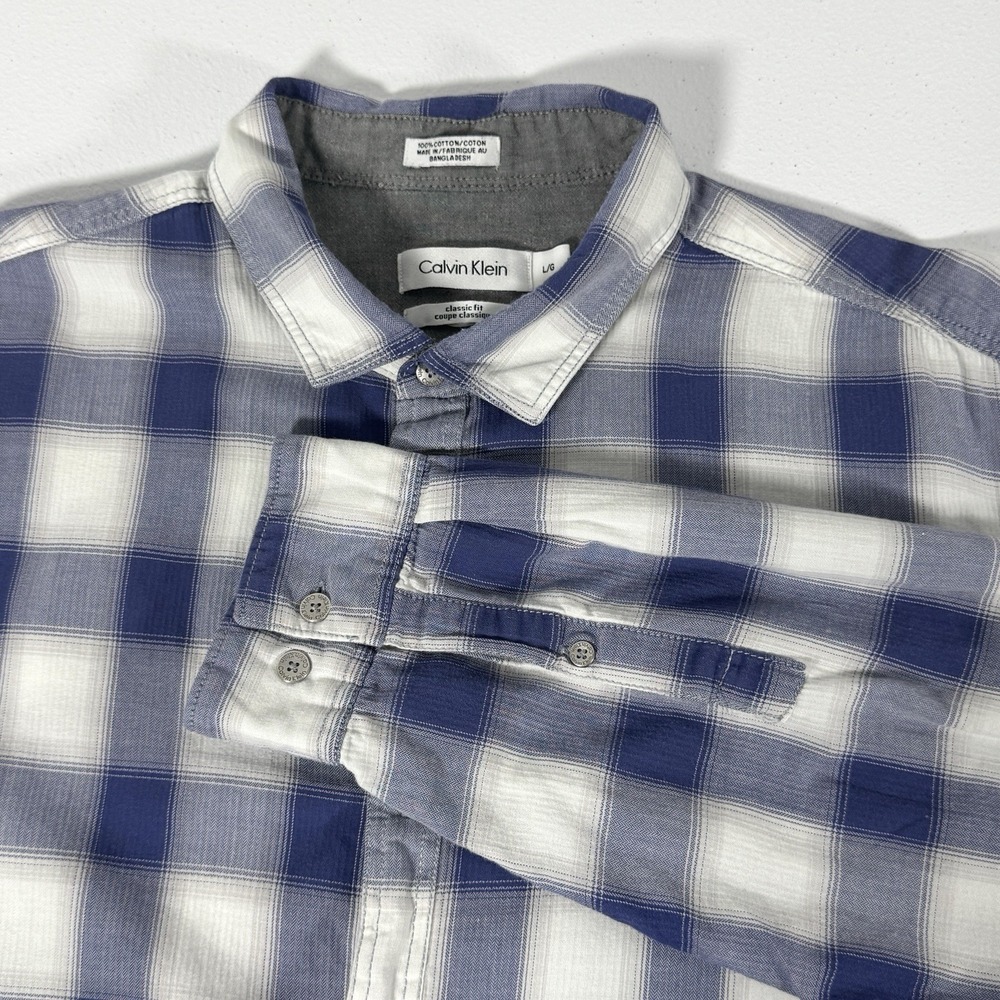 Calvin Klein Mens Blue White‎ Plaid Button Down Shirt Long Sleeve Classic Fit L